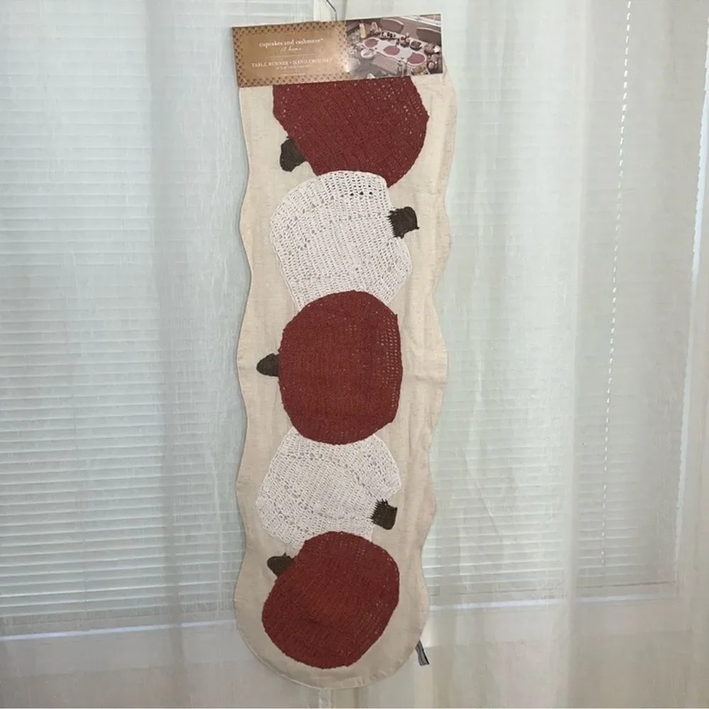 cupcakes & cashmere Ivory Linen White Rust Brown Crochet Pumpkins Table Runner